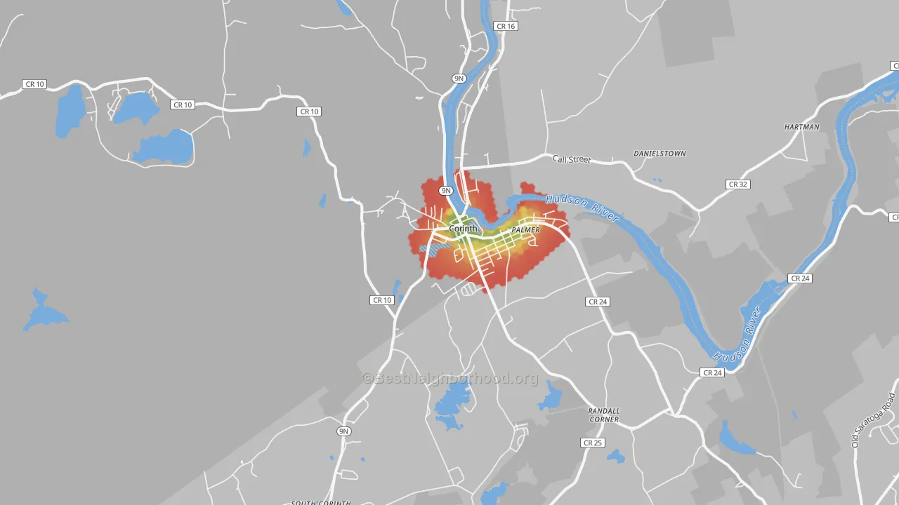 Walk Grade map of Corinth, NY, walkable areas in green and car-dependent areas in red