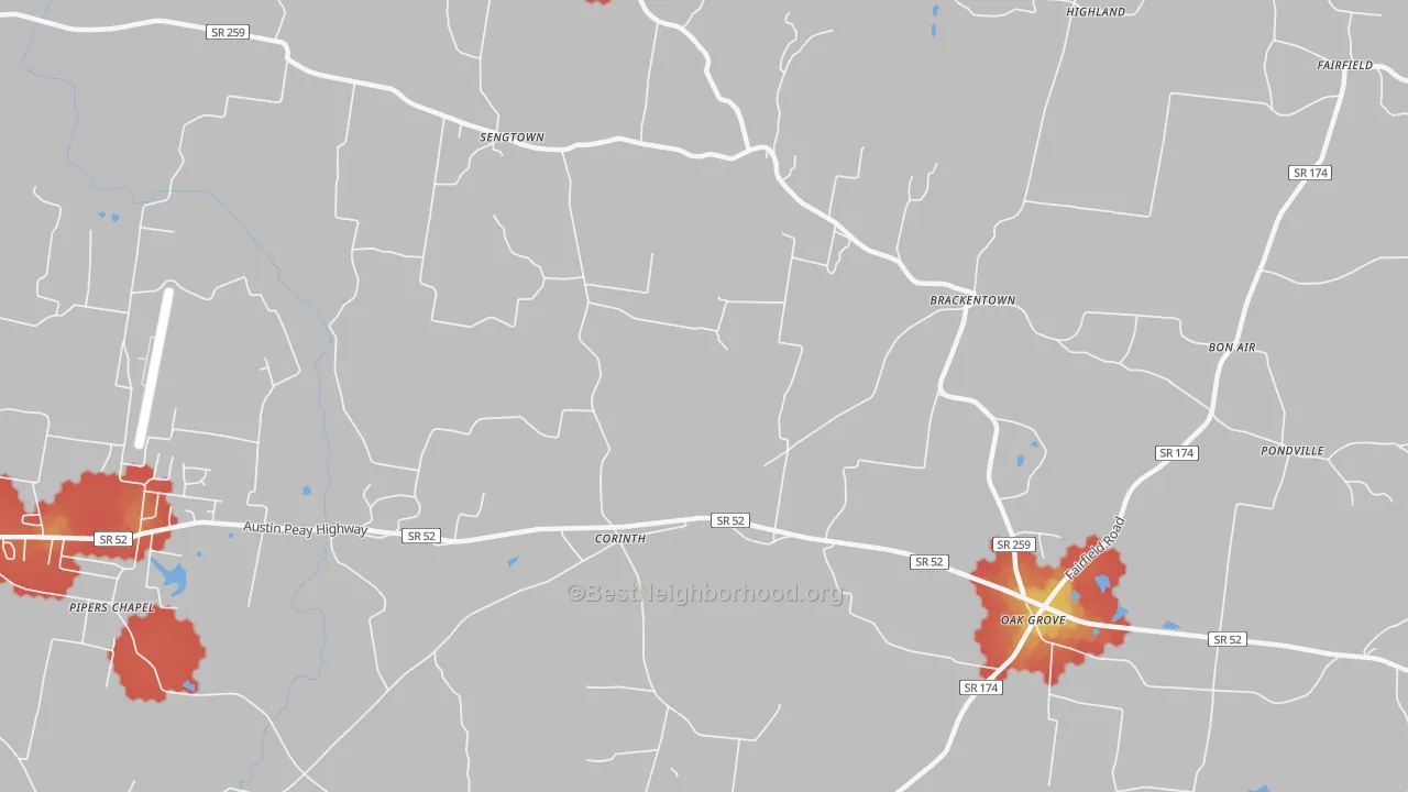 Walk Grade map of Corinth, TN, walkable areas in green and car-dependent areas in red