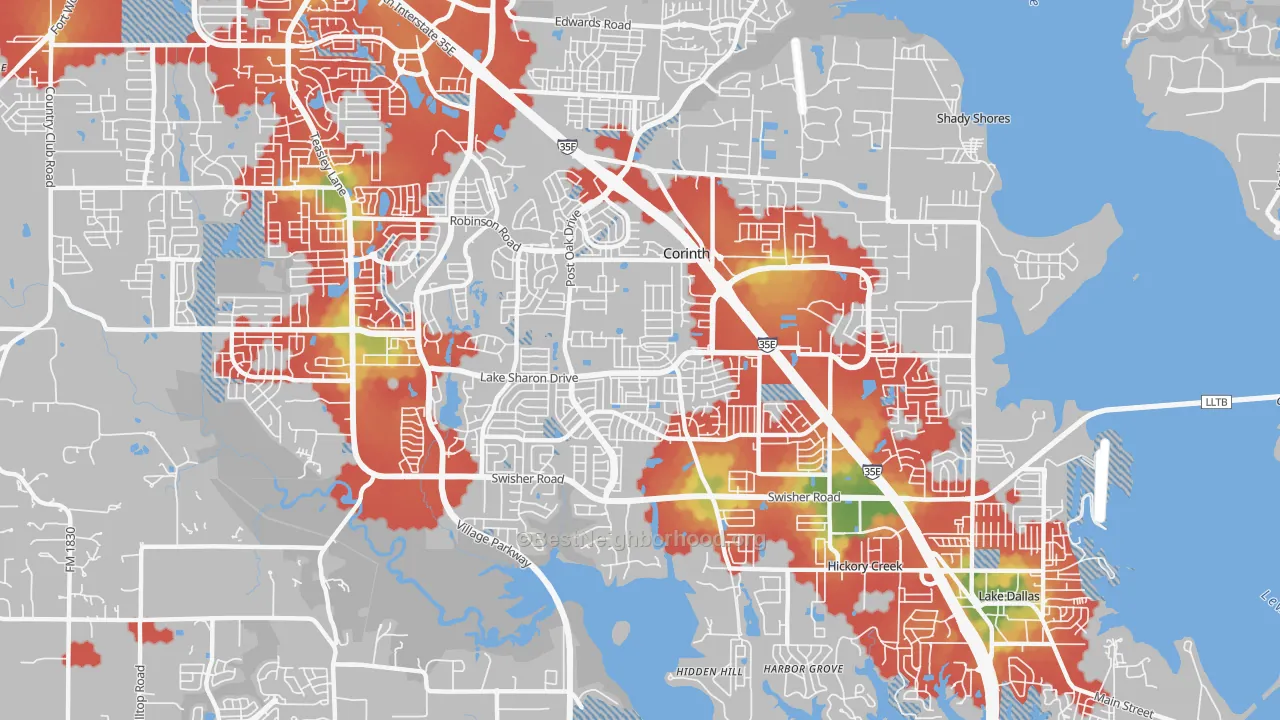 Walk Grade map of Corinth, TX, walkable areas in green and car-dependent areas in red