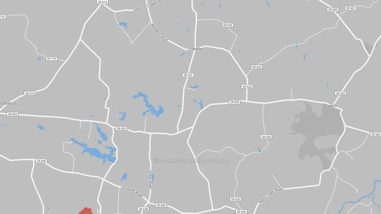 Walk Grade map of Corinth, VA, walkable areas in green and car-dependent areas in red