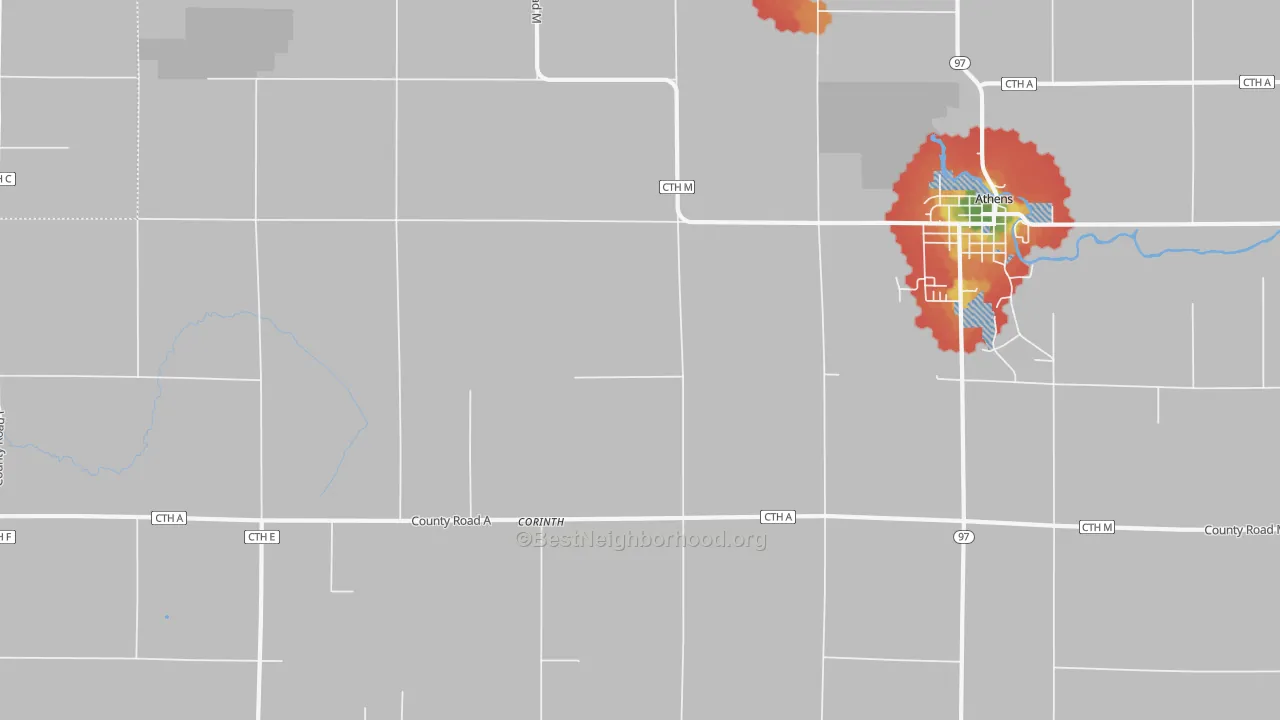Walk Grade map of Corinth, WI, walkable areas in green and car-dependent areas in red