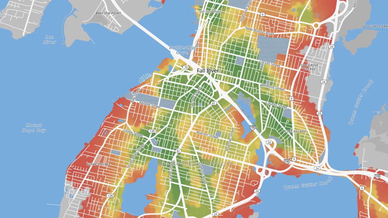 Walk Grade map of Corky Row, Fall River, MA, walkable areas in green and car-dependent areas in red