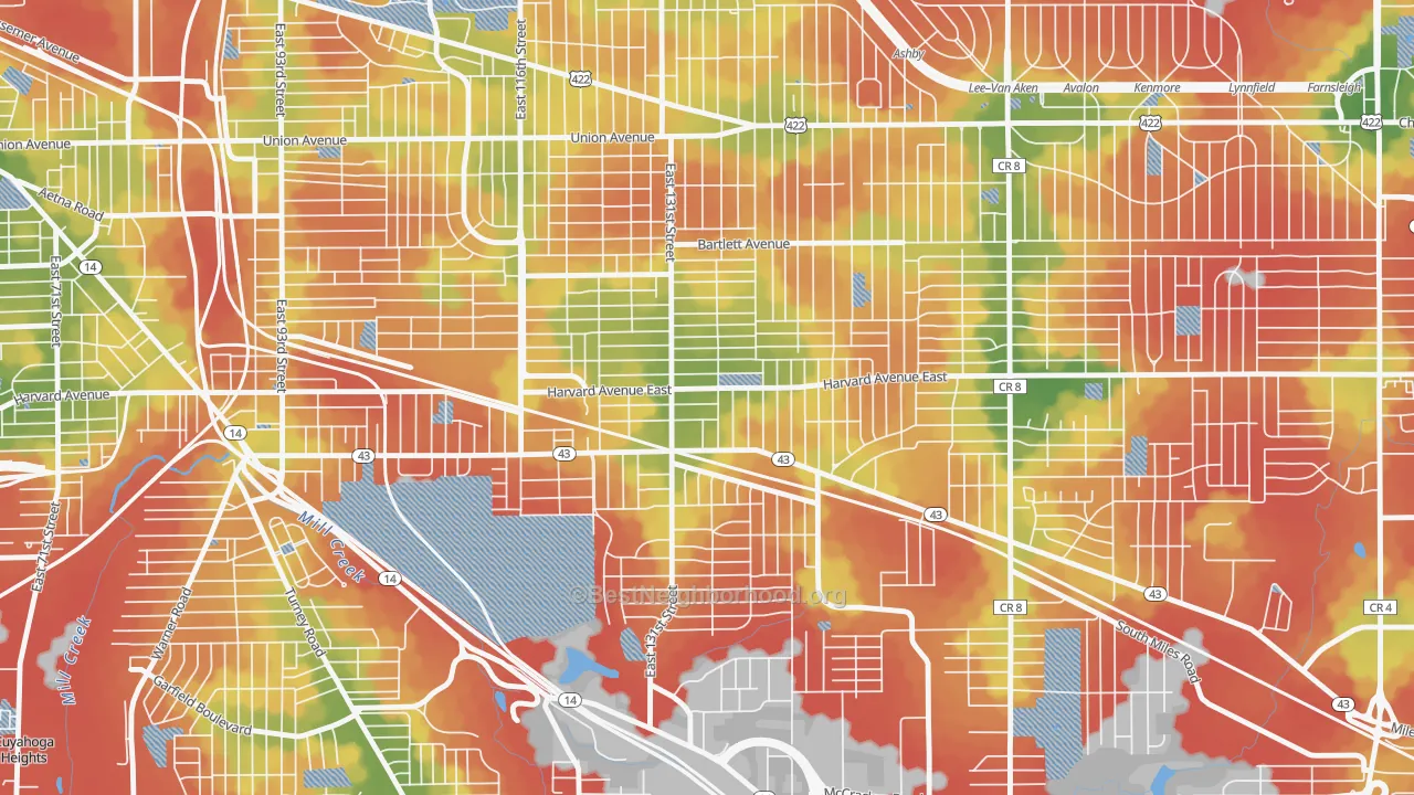 Walk Grade map of Corlett, Cleveland, OH, walkable areas in green and car-dependent areas in red
