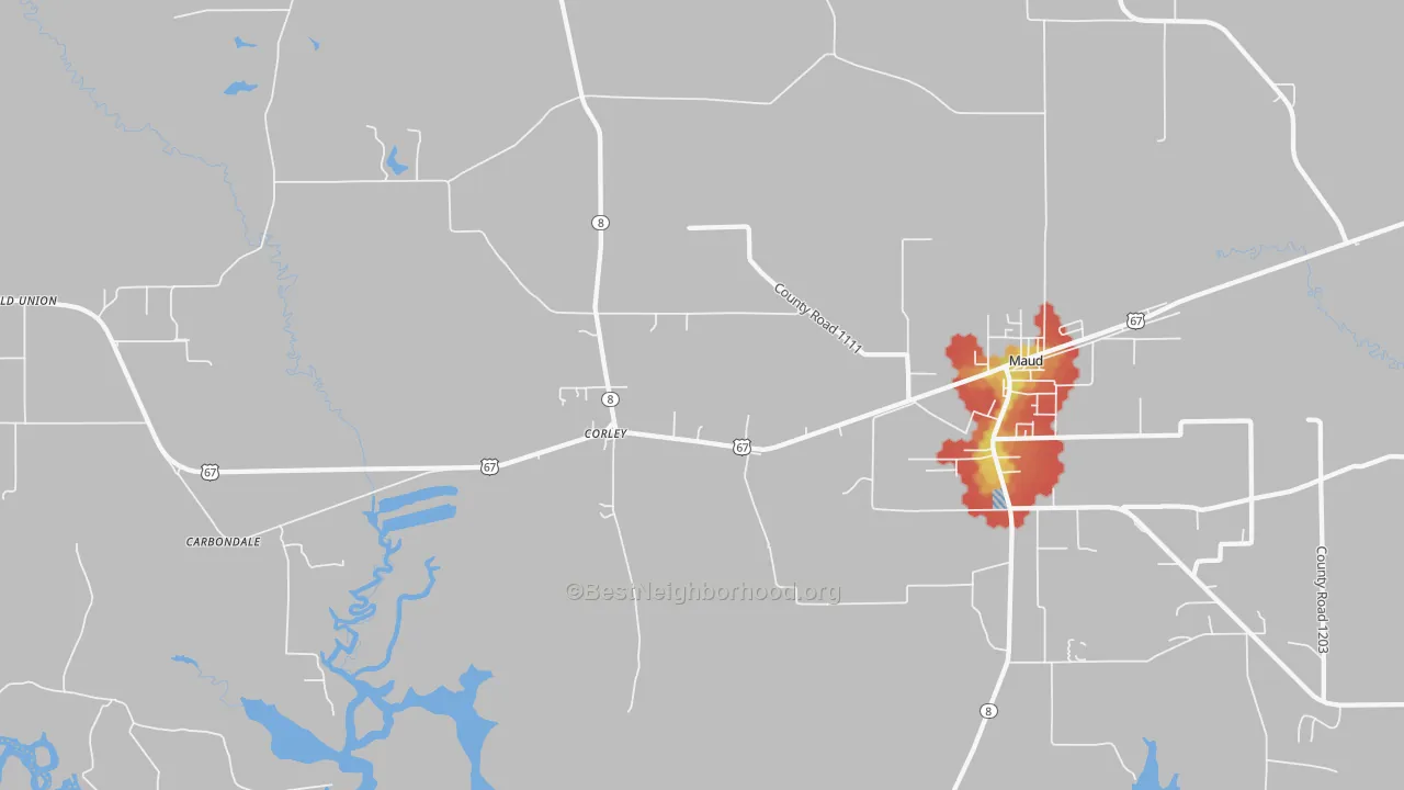 Walk Grade map of Corley, TX, walkable areas in green and car-dependent areas in red