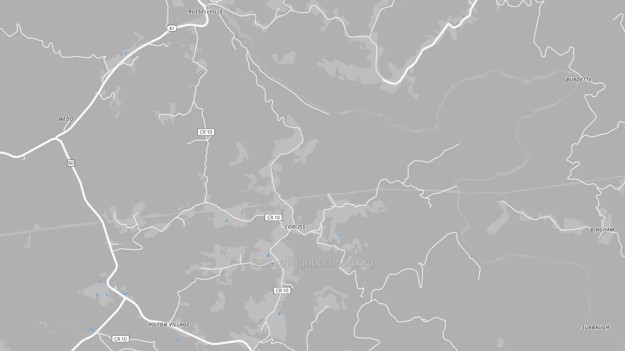 Walk Grade map of Corliss, WV, walkable areas in green and car-dependent areas in red