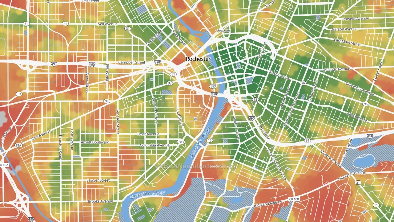 Walk Grade map of Corn Hill, Rochester, NY, walkable areas in green and car-dependent areas in red