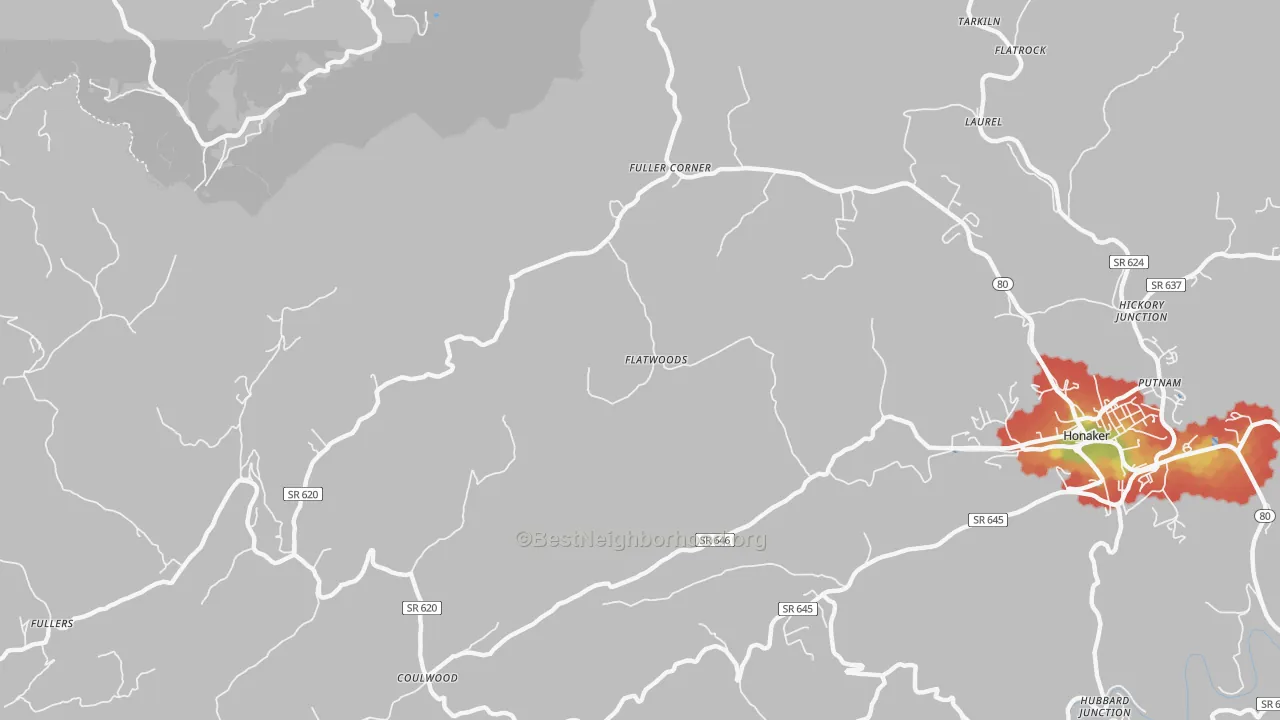 Walk Grade map of Corn Valley, VA, walkable areas in green and car-dependent areas in red