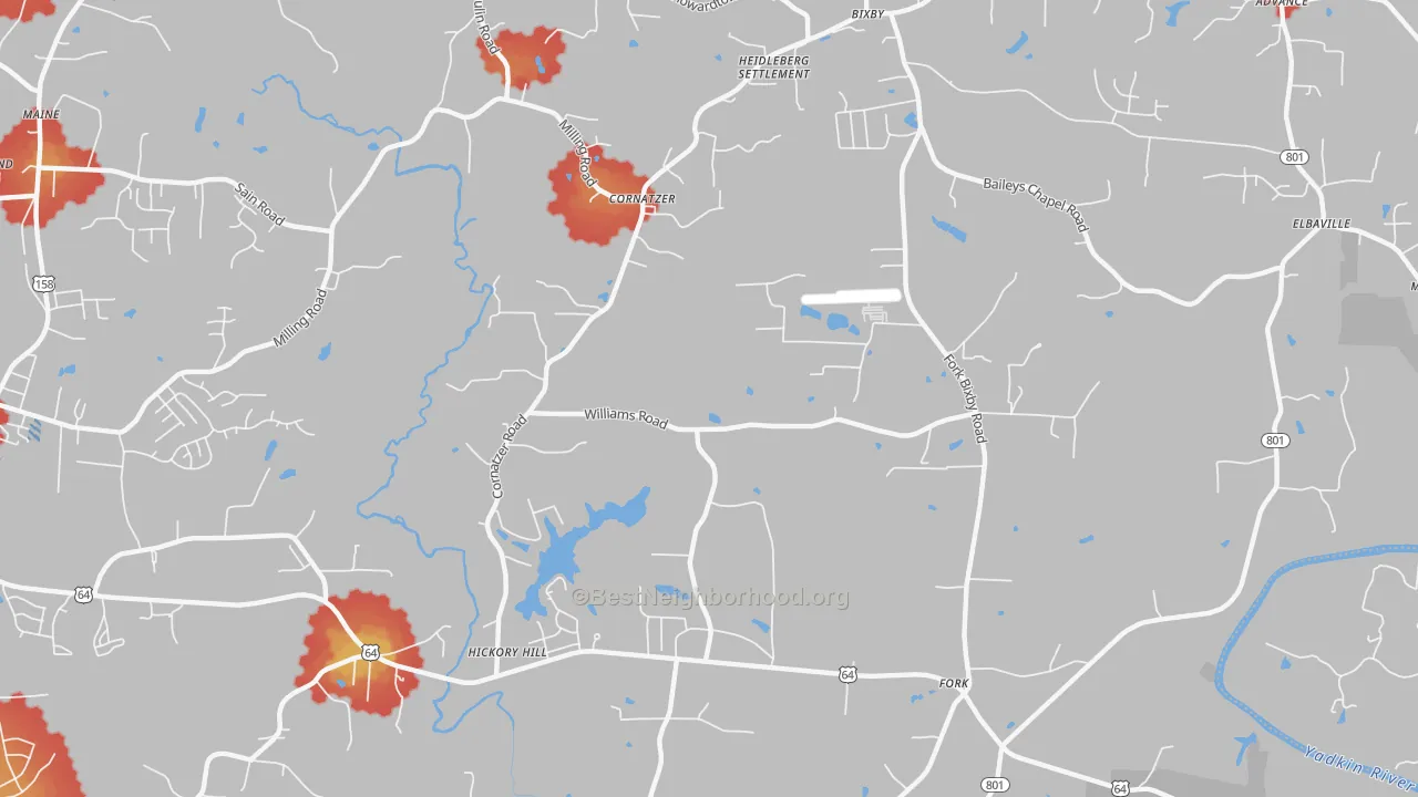 Walk Grade map of Cornatzer, NC, walkable areas in green and car-dependent areas in red