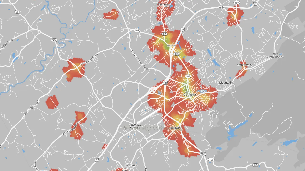 Walk Grade map of Cornelia, GA, walkable areas in green and car-dependent areas in red