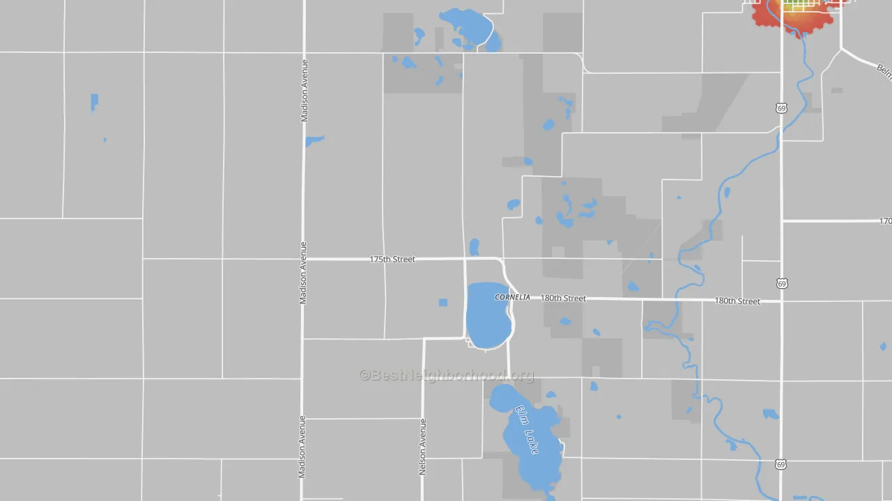 Walk Grade map of Cornelia, IA, walkable areas in green and car-dependent areas in red