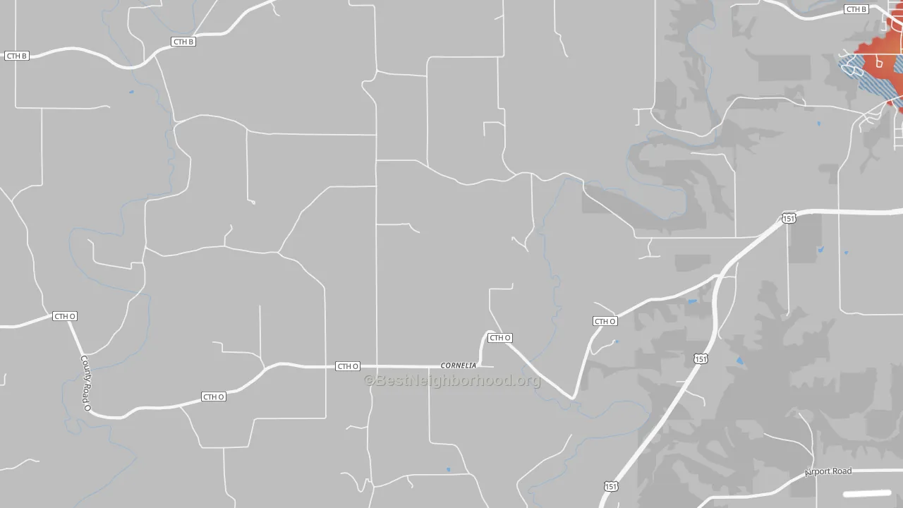 Walk Grade map of Cornelia, WI, walkable areas in green and car-dependent areas in red