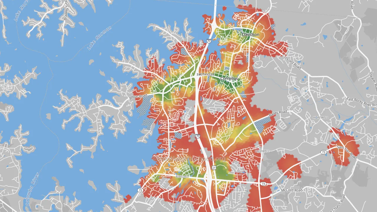 Walk Grade map of Cornelius, NC, walkable areas in green and car-dependent areas in red