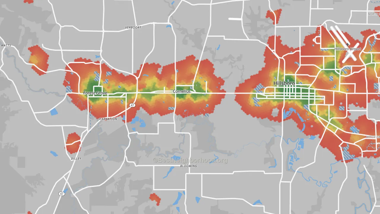 Walk Grade map of Cornelius, OR, walkable areas in green and car-dependent areas in red