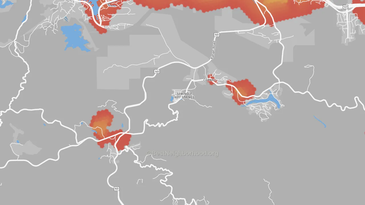 Walk Grade map of Cornell, CA, walkable areas in green and car-dependent areas in red