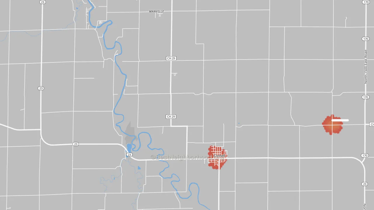 Walk Grade map of Cornell, IL, walkable areas in green and car-dependent areas in red
