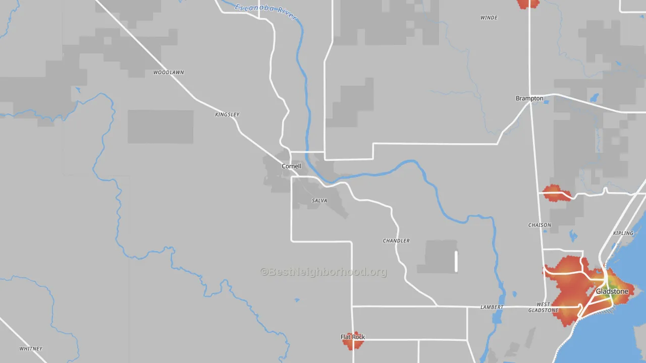 Walk Grade map of Cornell, MI, walkable areas in green and car-dependent areas in red