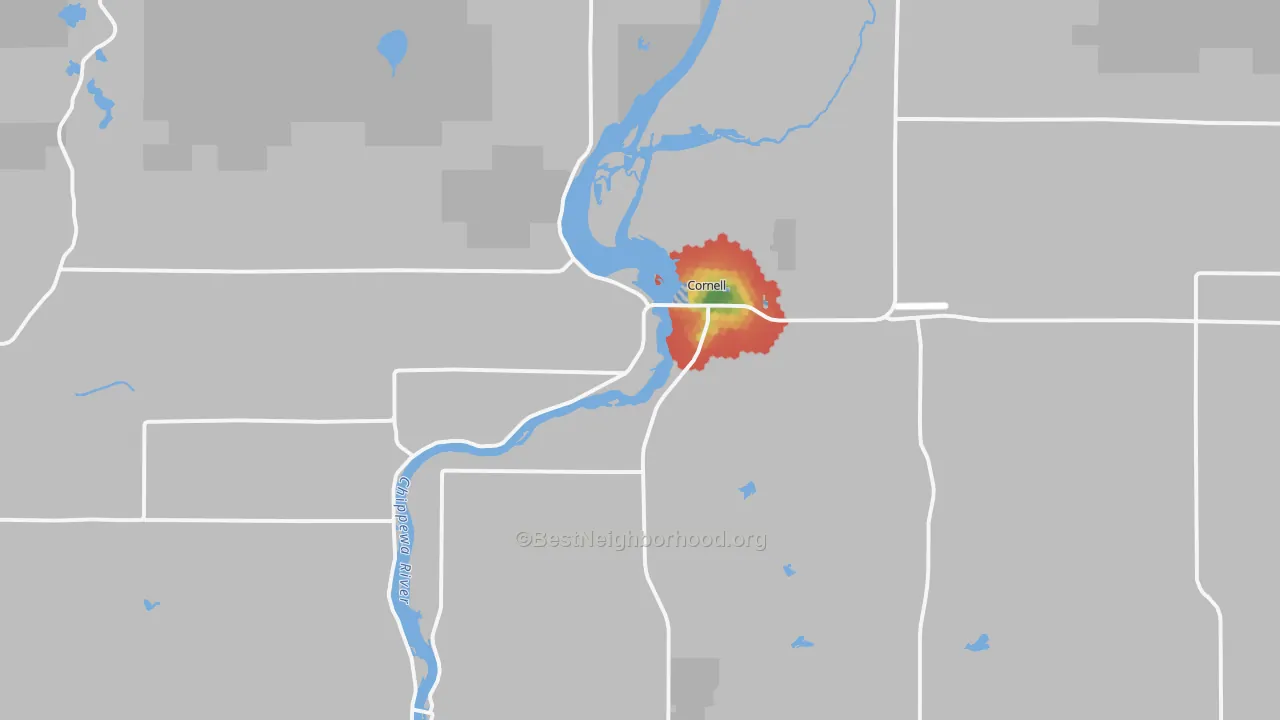 Walk Grade map of Cornell, WI, walkable areas in green and car-dependent areas in red
