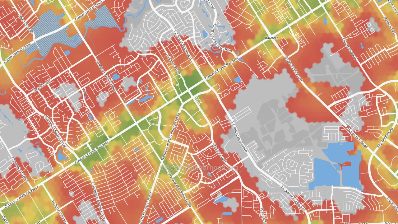 Walk Grade map of Cornerstone Village North, Houston, TX, walkable areas in green and car-dependent areas in red