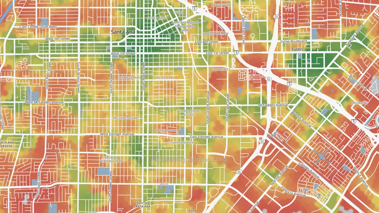 Walk Grade map of Cornerstone Village, Santa Ana, CA, walkable areas in green and car-dependent areas in red