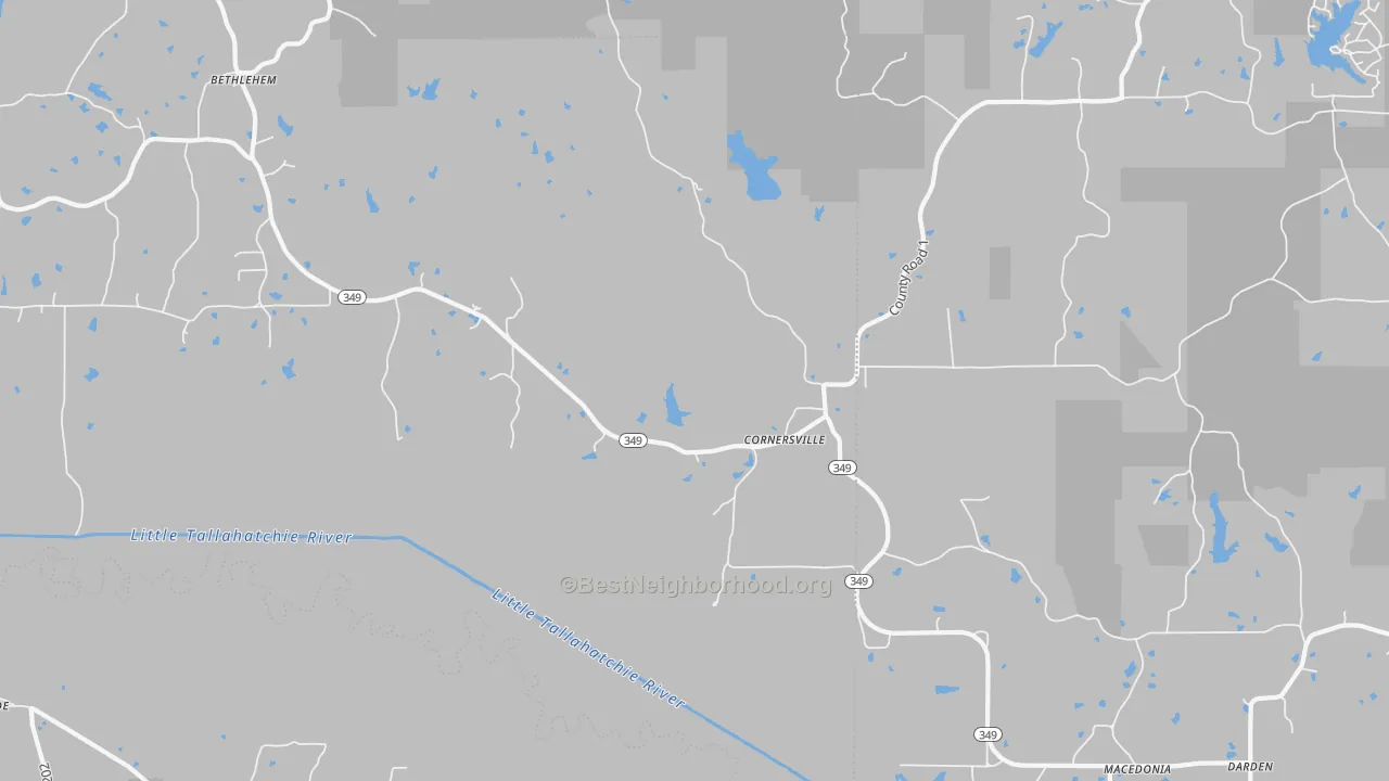 Walk Grade map of Cornersville, MS, walkable areas in green and car-dependent areas in red