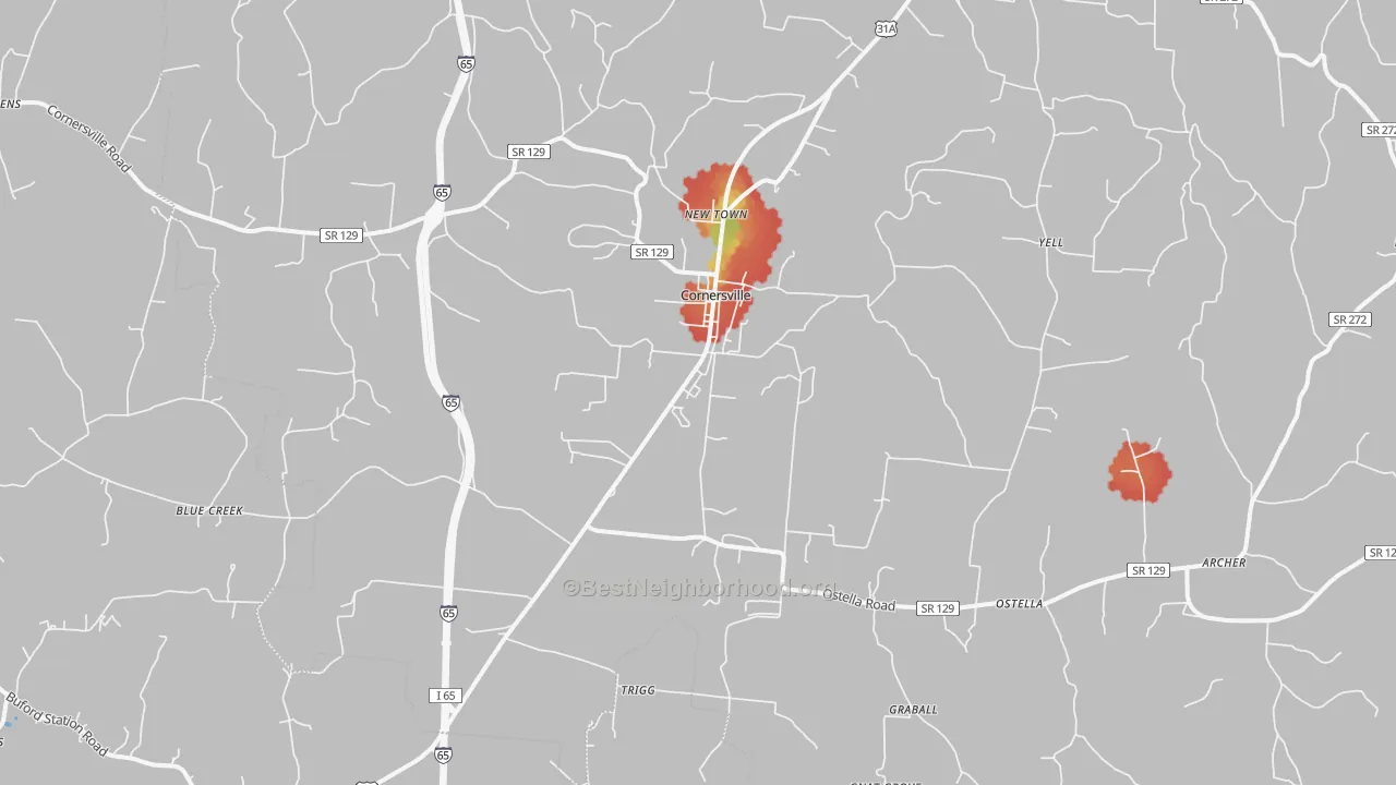 Walk Grade map of Cornersville, TN, walkable areas in green and car-dependent areas in red