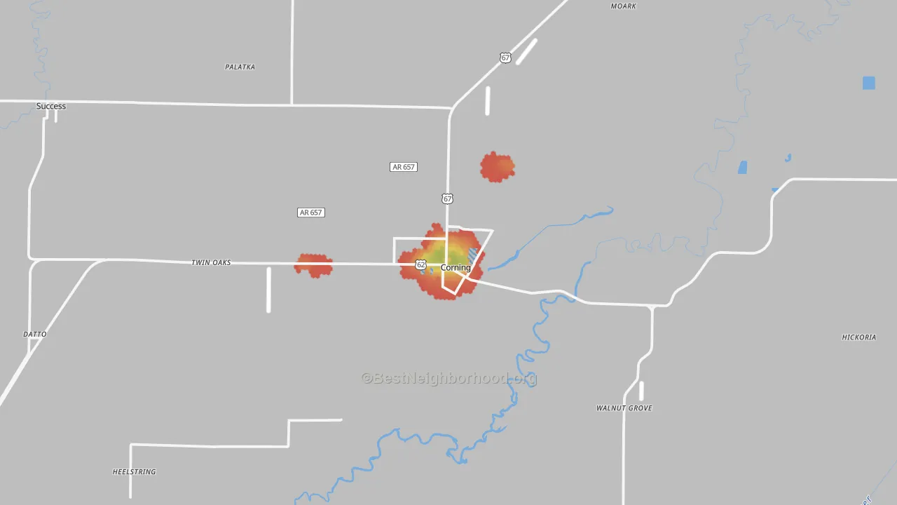 Walk Grade map of Corning, AR, walkable areas in green and car-dependent areas in red