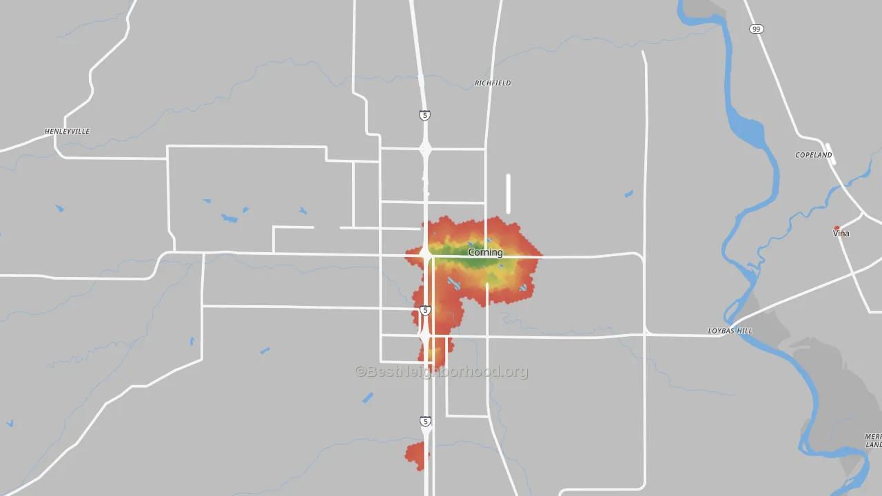Walk Grade map of Corning, CA, walkable areas in green and car-dependent areas in red
