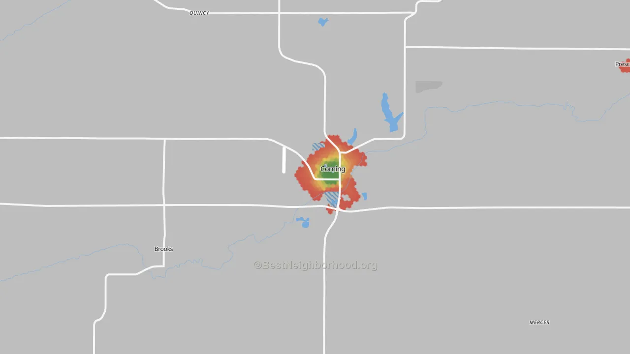 Walk Grade map of Corning, IA, walkable areas in green and car-dependent areas in red