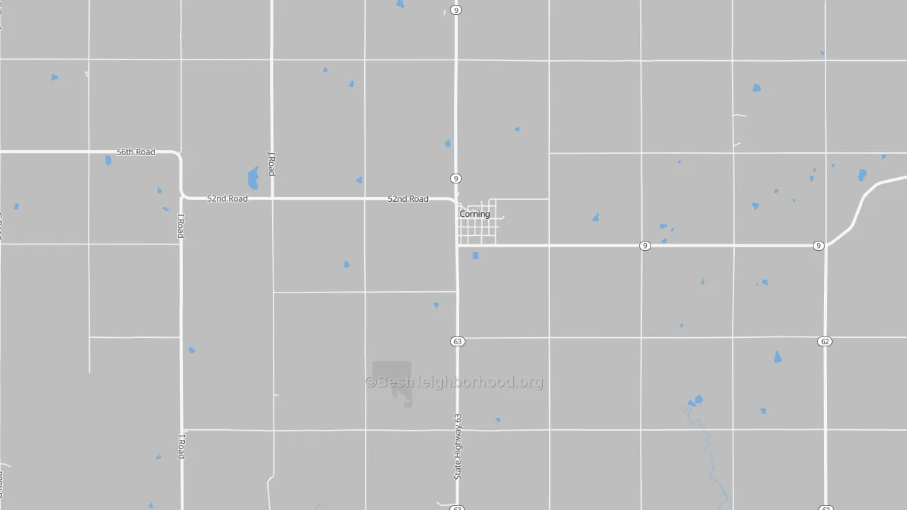 Walk Grade map of Corning, KS, walkable areas in green and car-dependent areas in red