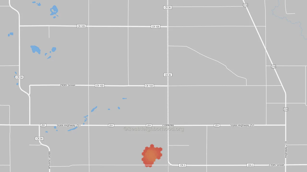 Walk Grade map of Corning, MN, walkable areas in green and car-dependent areas in red