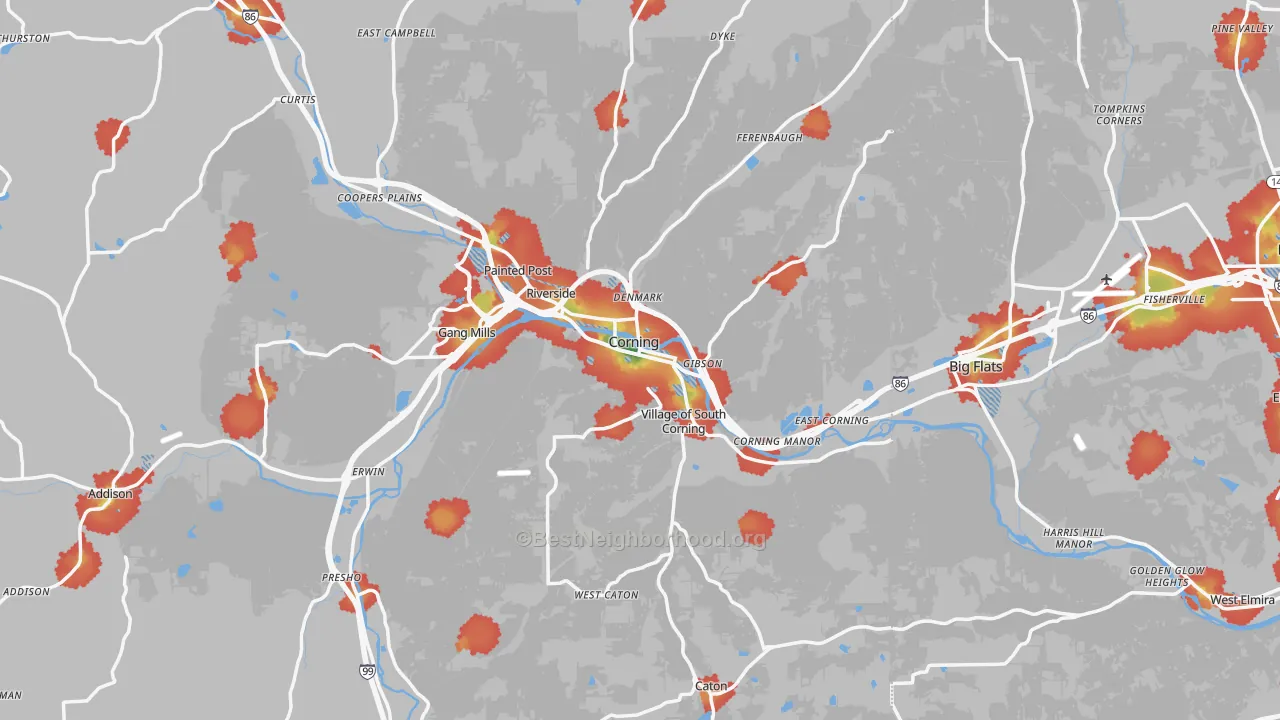 Walk Grade map of Corning, NY, walkable areas in green and car-dependent areas in red