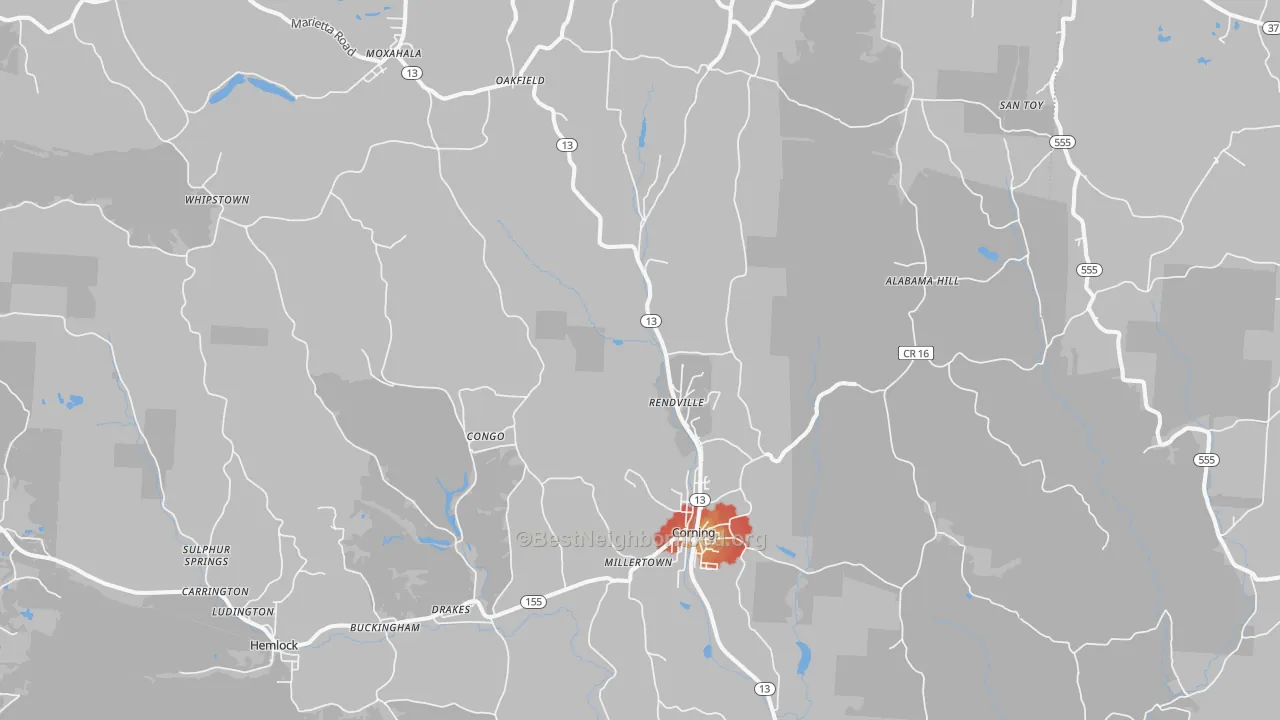 Walk Grade map of Corning, OH, walkable areas in green and car-dependent areas in red