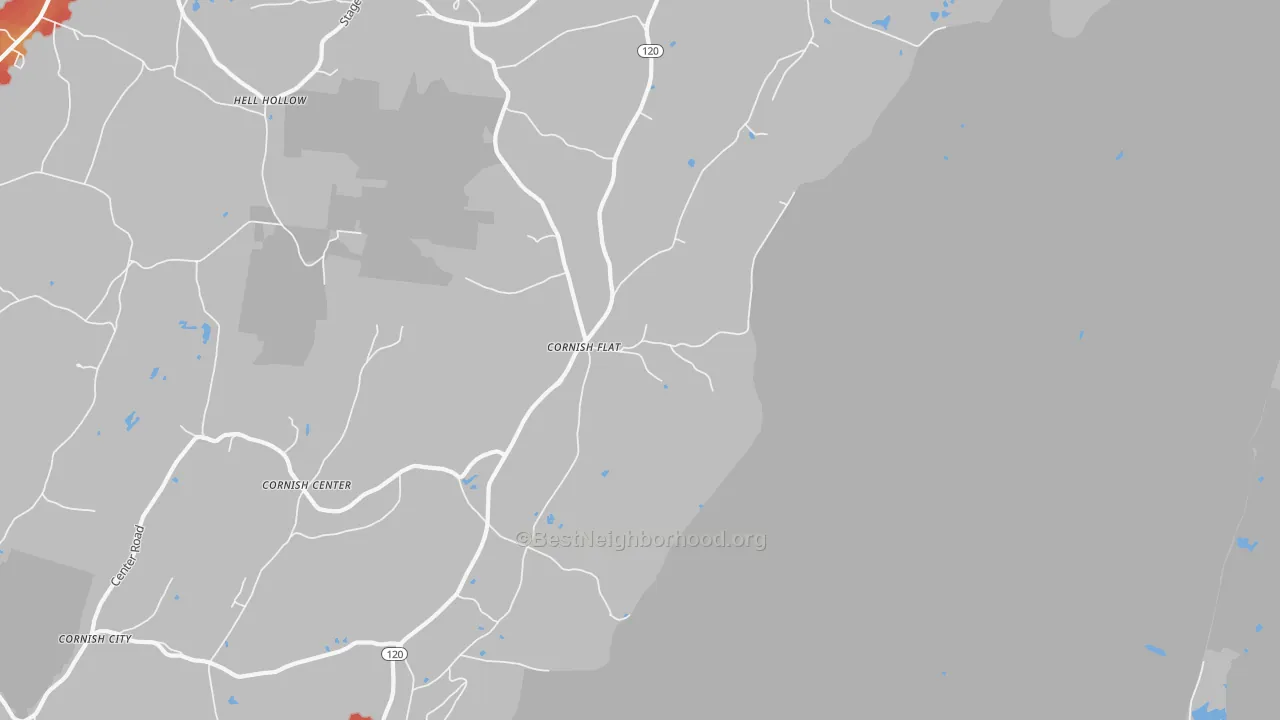 Walk Grade map of Cornish Flat, NH, walkable areas in green and car-dependent areas in red