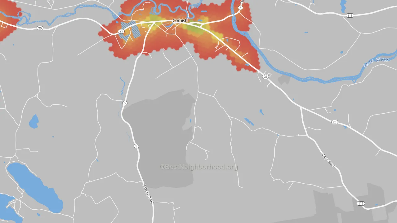 Walk Grade map of Cornish, ME, walkable areas in green and car-dependent areas in red