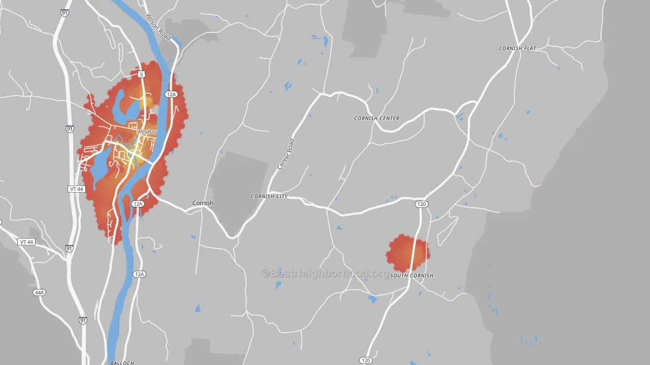 Walk Grade map of Cornish, NH, walkable areas in green and car-dependent areas in red