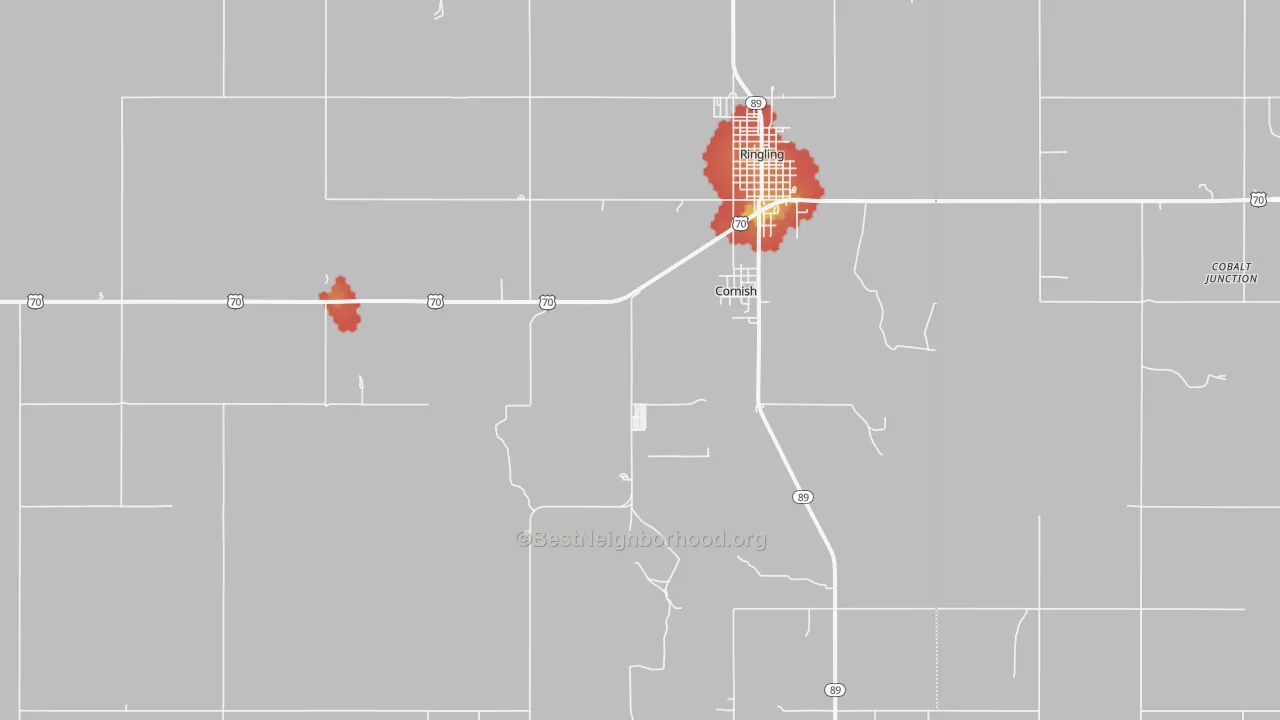 Walk Grade map of Cornish, OK, walkable areas in green and car-dependent areas in red