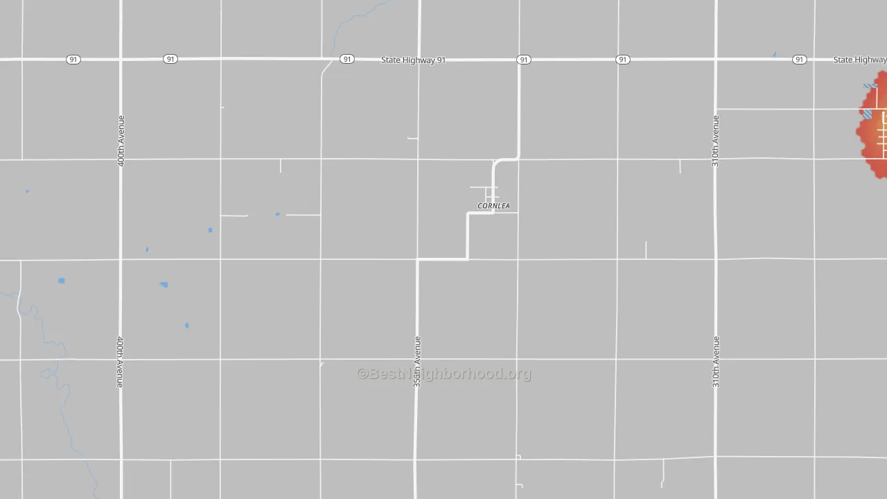 Walk Grade map of Cornlea, NE, walkable areas in green and car-dependent areas in red