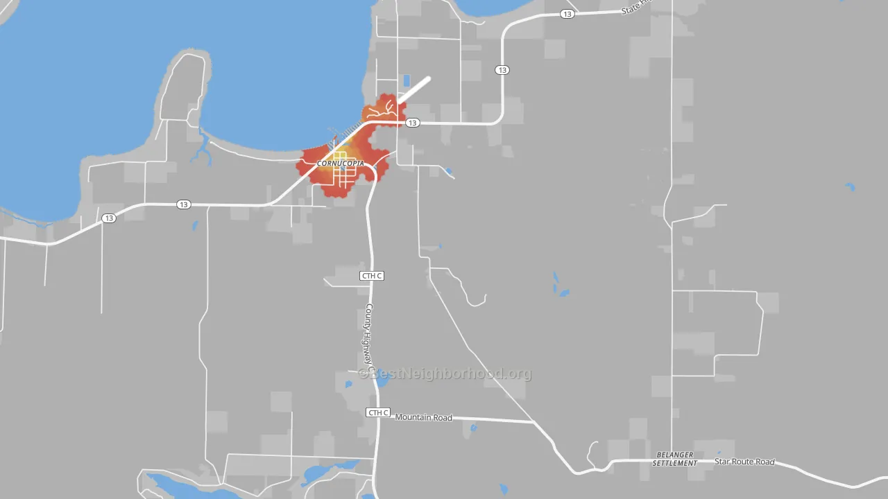 Walk Grade map of Cornucopia, WI, walkable areas in green and car-dependent areas in red