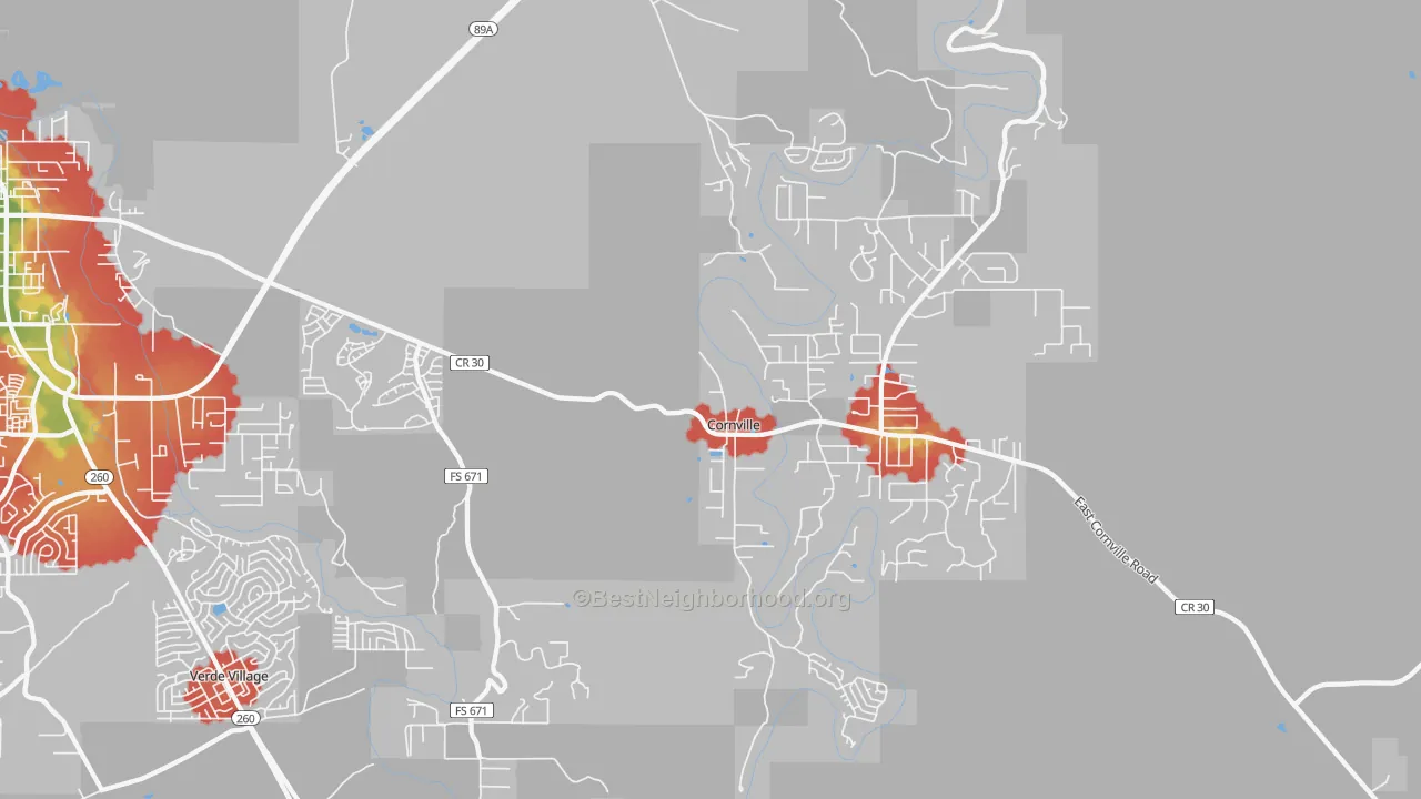 Walk Grade map of Cornville, AZ, walkable areas in green and car-dependent areas in red