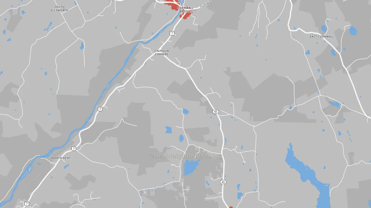 Walk Grade map of Cornwall Bridge, CT, walkable areas in green and car-dependent areas in red