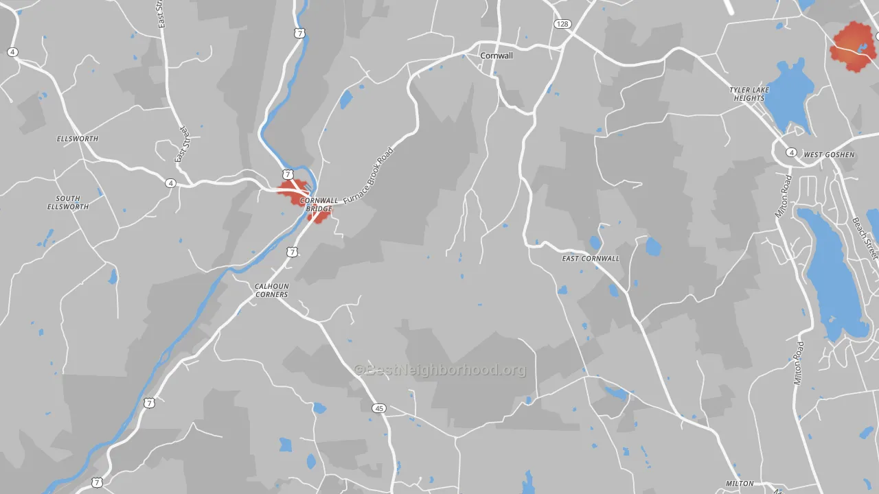 Walk Grade map of Cornwall, CT, walkable areas in green and car-dependent areas in red