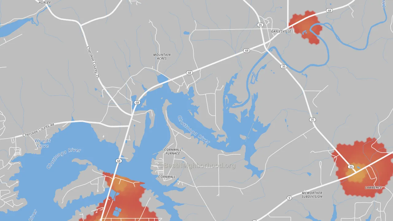 Walk Grade map of Cornwall Furnace, AL, walkable areas in green and car-dependent areas in red