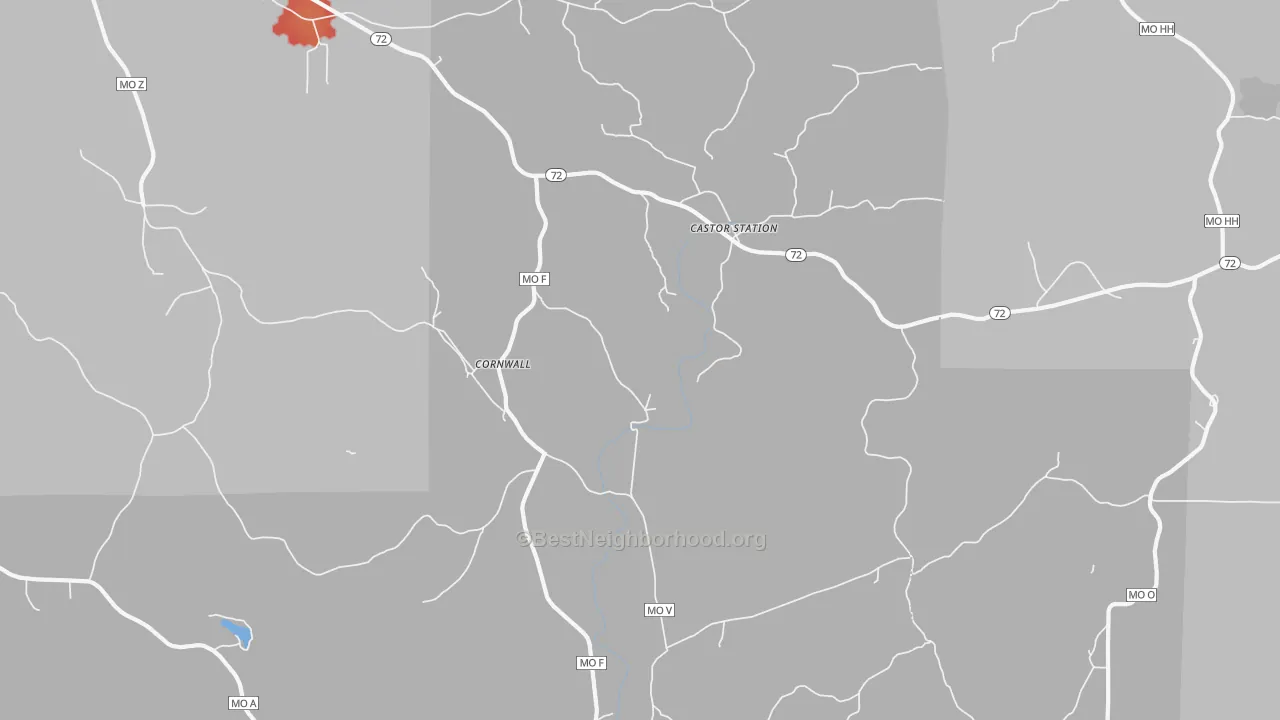 Walk Grade map of Cornwall, MO, walkable areas in green and car-dependent areas in red