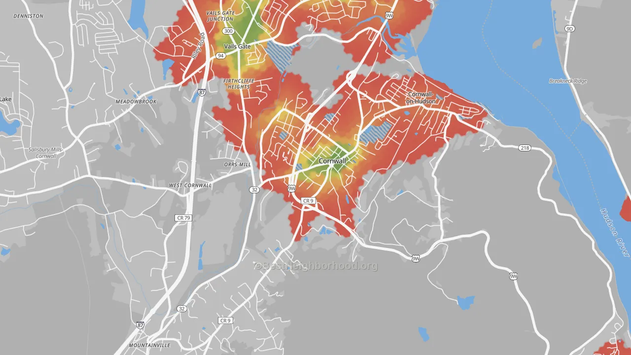 Walk Grade map of Cornwall, NY, walkable areas in green and car-dependent areas in red