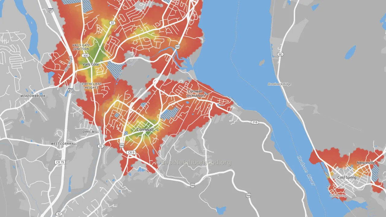 Walk Grade map of Cornwall On Hudson, NY, walkable areas in green and car-dependent areas in red