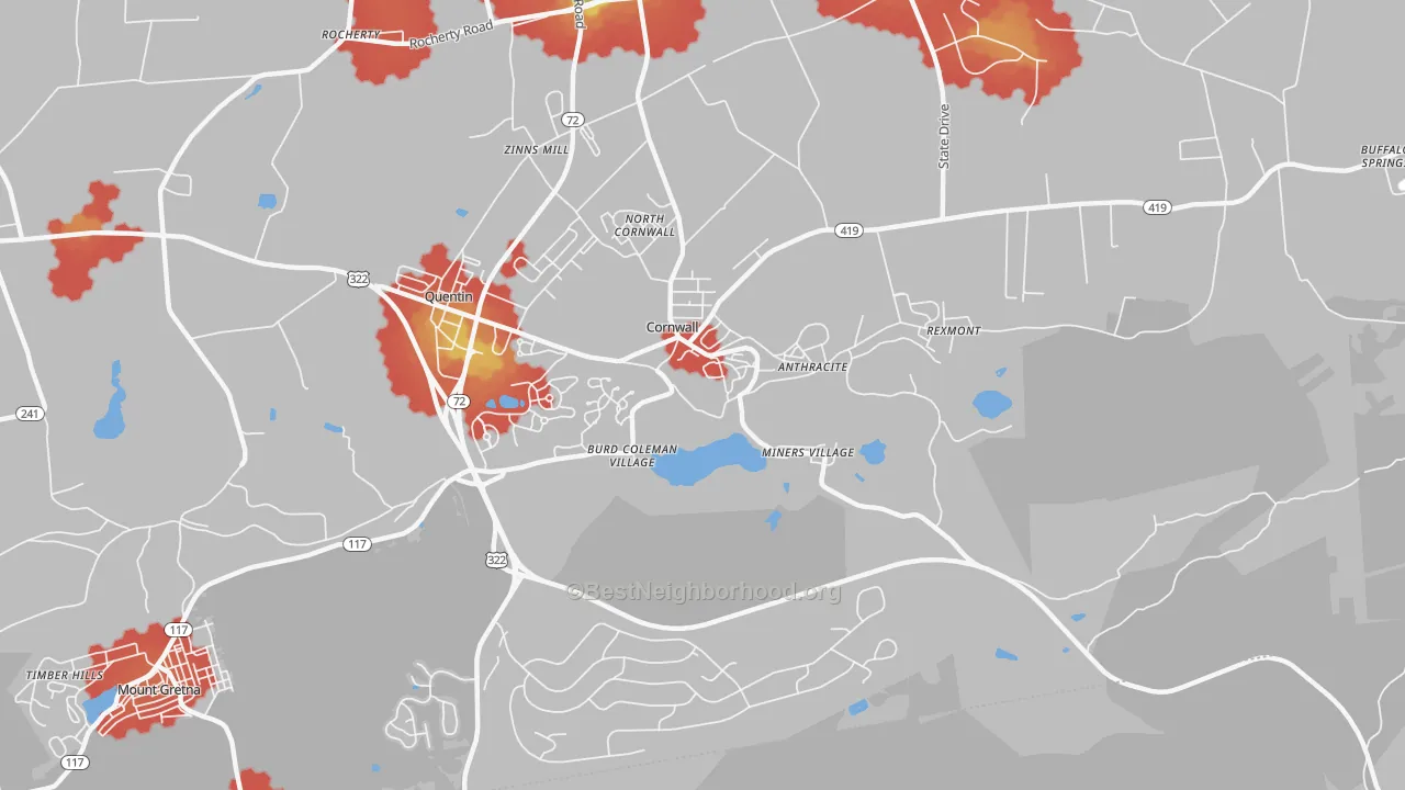 Walk Grade map of Cornwall, PA, walkable areas in green and car-dependent areas in red