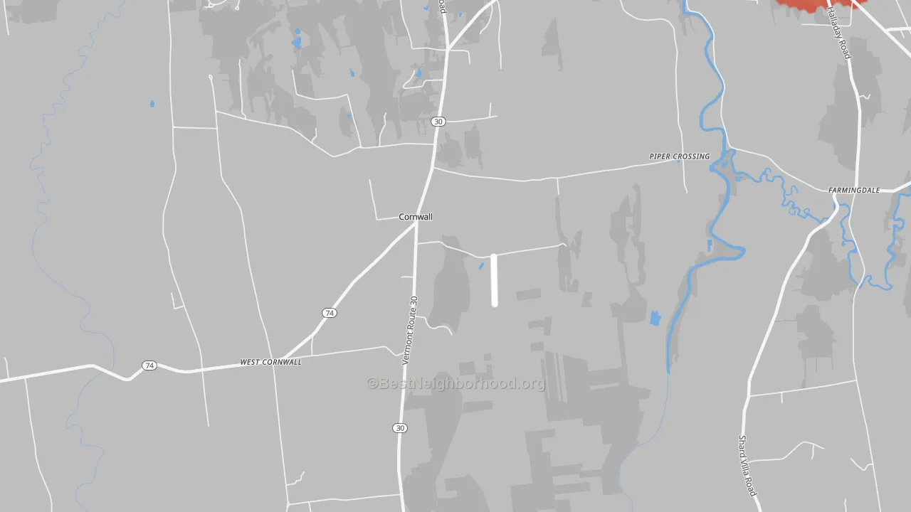 Walk Grade map of Cornwall, VT, walkable areas in green and car-dependent areas in red