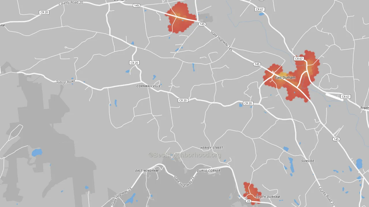 Walk Grade map of Cornwallville, NY, walkable areas in green and car-dependent areas in red