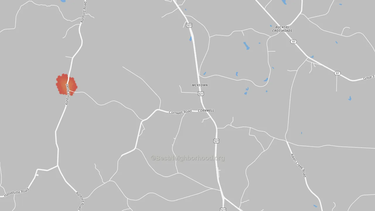 Walk Grade map of Cornwell, SC, walkable areas in green and car-dependent areas in red