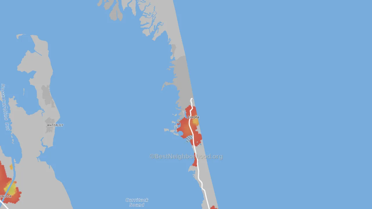 Walk Grade map of Corolla, NC, walkable areas in green and car-dependent areas in red